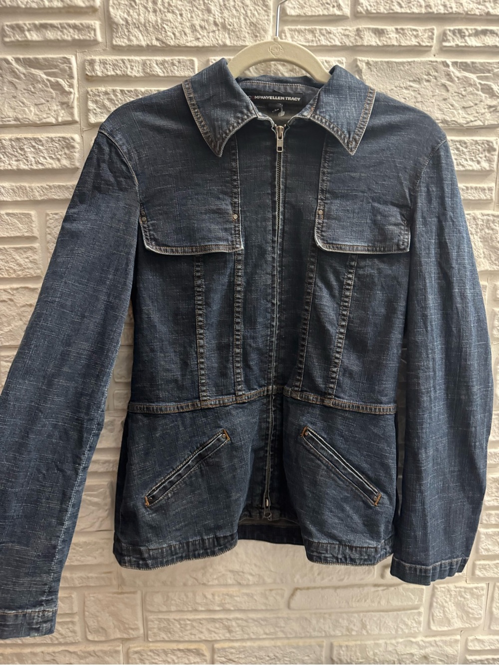 Company Ellen Tracy Denim Jacket Size 6 Two Way Zip Fitted Utility Y2K